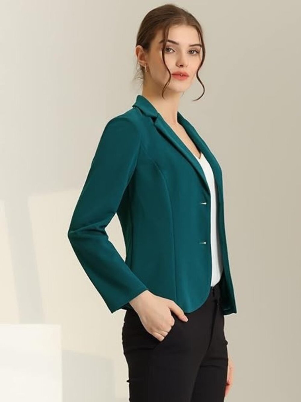 Work Office Lapel Collar Stretch Jacket Suit Blazer - Medium. Peacock Blue